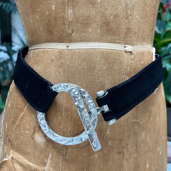 Sandy Duftler Belt Women Statement‎ Black Leather Cow Hair Toggle Goth Vtg 90's - Picture 3 of 16